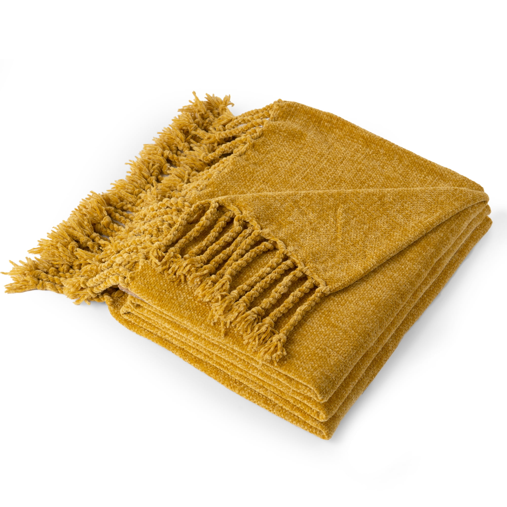 Battilo Mustard Yellow Chenille Throw Blanket,Decorative Fringe Velvety Gold Blanket for Home Decor,50"x60"
