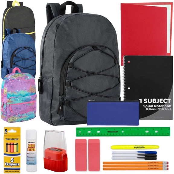 24 Pack of Bulk Wholesale 17 Inch Assorted Design Backpacks Including 20 Piece Stationary Kits Each