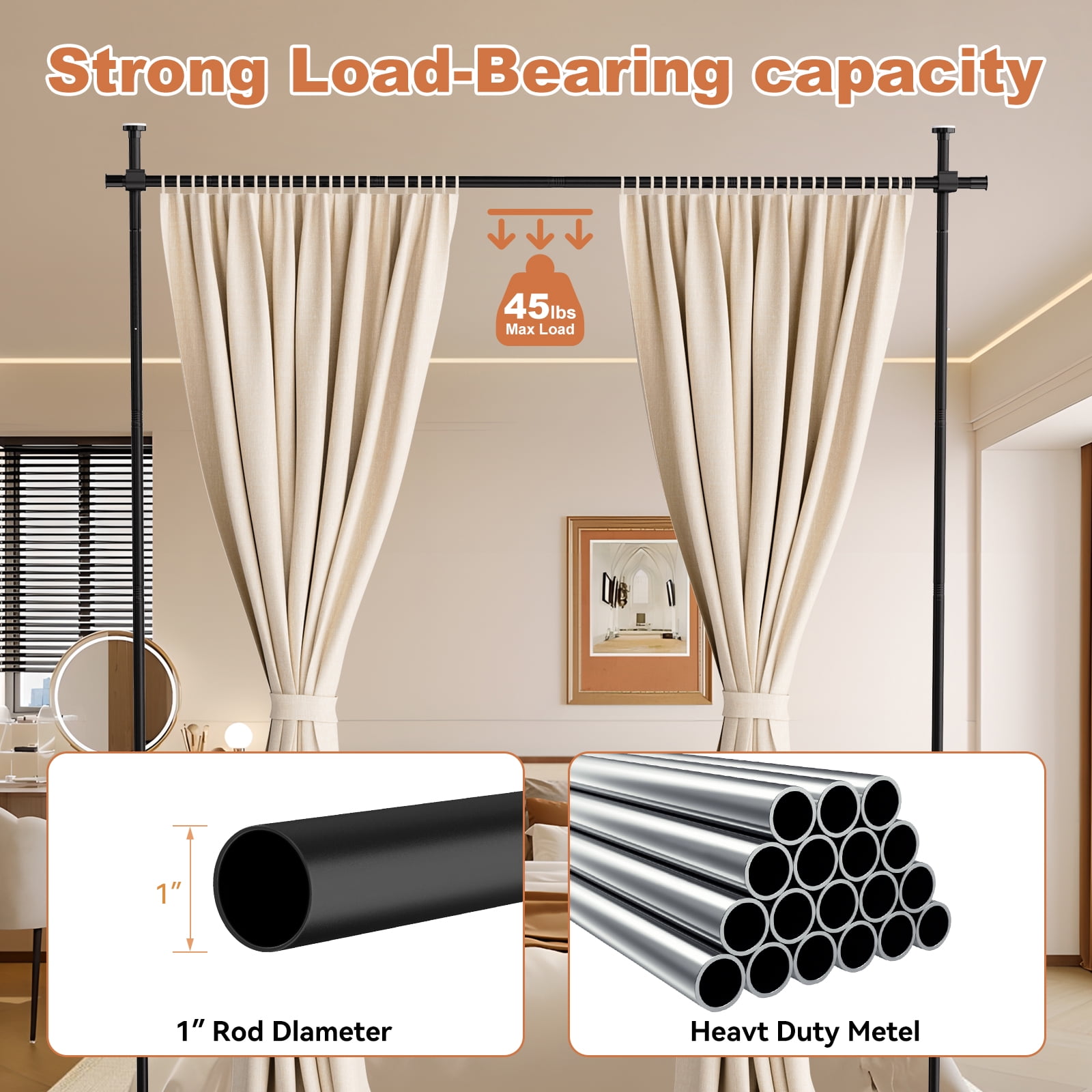Adjustable Room Divider Frame, Black Metal Pipe Partition Stand for Bedroom/Dorm/Apartment, No Curtains Included (Fits Twin/Full Beds & Open Spaces)