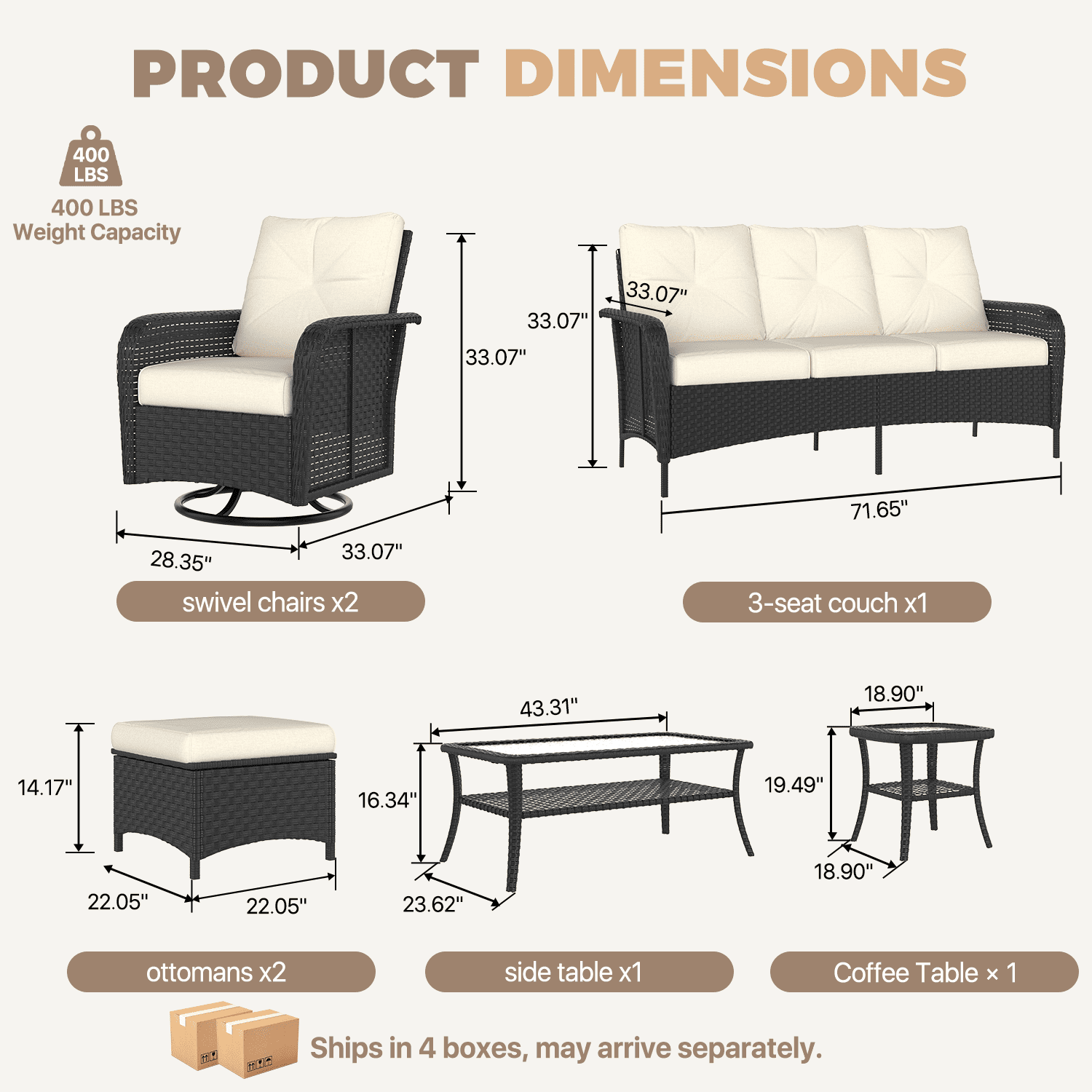 BaPiPro 7-Piece PE Wicker Patio Furniture Set with Swivel Chairs, Beige Cushions, Steel Frame & Glass Table, All-Weather for Patio, Garden & Poolside, Black Wicker