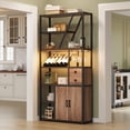 thumbnail image 3 of Tall Wine Bar Cabinet with LED Lights & Power Outlets – Multi-Functional Liquor & Coffee Station, Wine Rack, Glass Holder, Microwave Stand – For Living Room or Kitchen – Black Frame + Brown Wood Board, 3 of 8