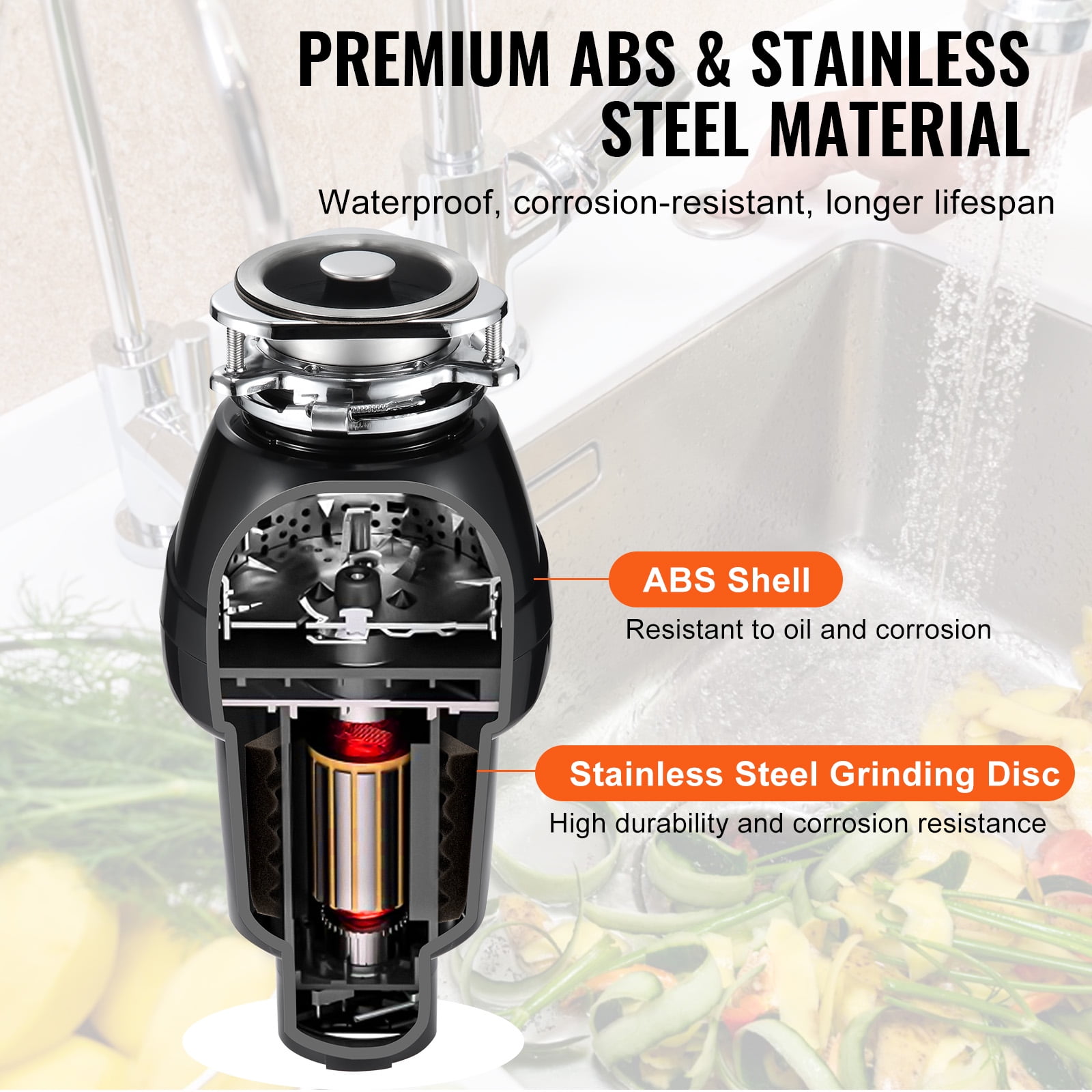 VEVOR Garbage Disposal, 3/4 HP 3260RPM Continuous Feed Food Waste Disposer, 3-Bolt Mount Food Waste Grinding System with Sound Reduction, Power Cord & Splash Guard for Kitchen Sinks