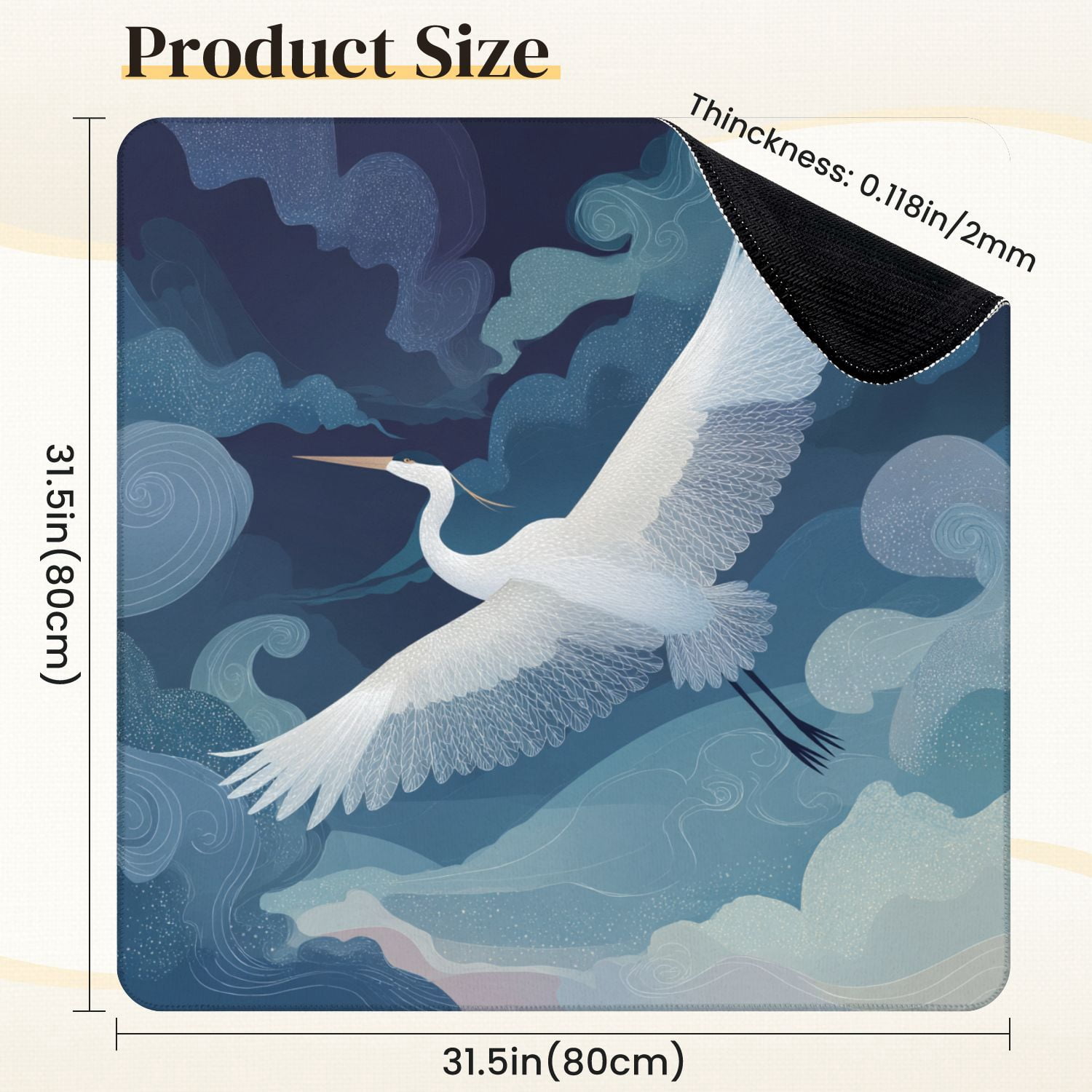 Chinoiserie Mahjong Mat 31.5" x 31.5" Graceful Crane Flight Amidst Calm Gradient Sky Swirling Clouds Non-Slip Noise Reduction Mahjong Tiles Table Cover for Dominoes Poker Card Board and Tile Games