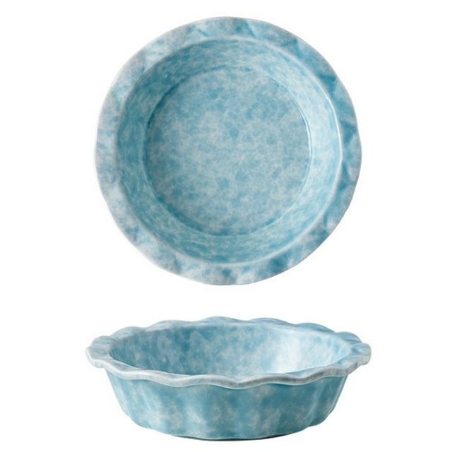 Qeeadeea Small Round Baking Dish Set Of 2, Colorful Ceramic Casserole Dish, Round Ceramic Pie Plate-Light blue-17cm