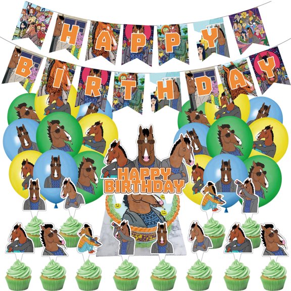 32-Piece For BoJack Horseman Cartoon-Themed Party Decoration Set – Includes Banner, Cake Topper, 12 Cupcake Toppers, and 18 Balloons for Festive Celebrations
