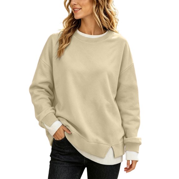 Hurxie Women's Long Sleeve Crewneck Sweatshirt Lightweight Basic Soft Loose Pullover Sweatshirts Beige,2XL