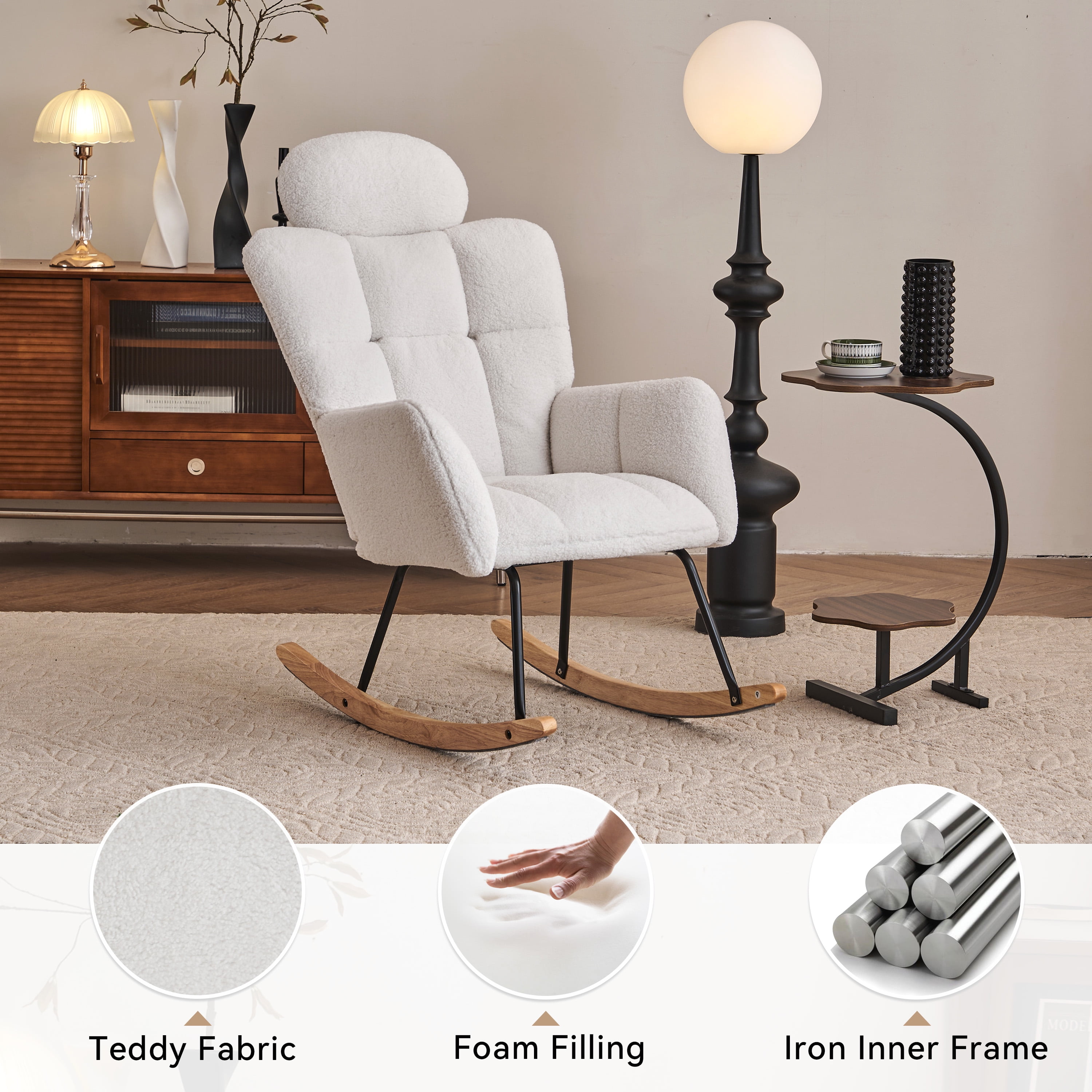 Teddy Fabric Rocking Chair, Upholstered Glider with Headrest Pillow and Solid Wood Base, High Backrest for Nursery and Bedroom, Ivory