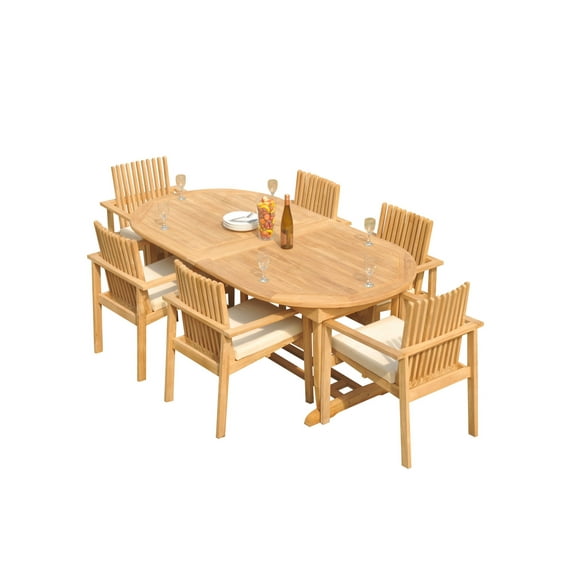 Grade-A Teak Dining Set: 6 Seater 7 Pc: 118" Mas Oval Trestle Leg Table And 6 Clipper Stacking Arm Chairs Outdoor Patio WholesaleTeak #51CP2707