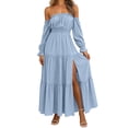 thumbnail image 2 of Dolkfu Blue Women'S Dresses, Tees & Blouses Refined Long Sleeve Boat Neck Sundress Solid Relaxed Fit Retro Vintage Maxi Dresses Light Blue,Xxl, 2 of 6