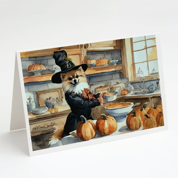 Pomeranian Fall Kitchen Pumpkins Greeting Cards and Envelopes Pack of 8 7 in x 5 in
