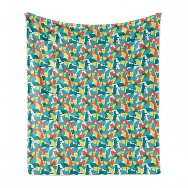 Dog and Cat Soft Flannel Fleece Throw Blanket, Energetic Kitten Silhouettes Composition, Cozy Plush for Indoor and Outdoor Use, 60" x 80", Multicolor, by Ambesonne