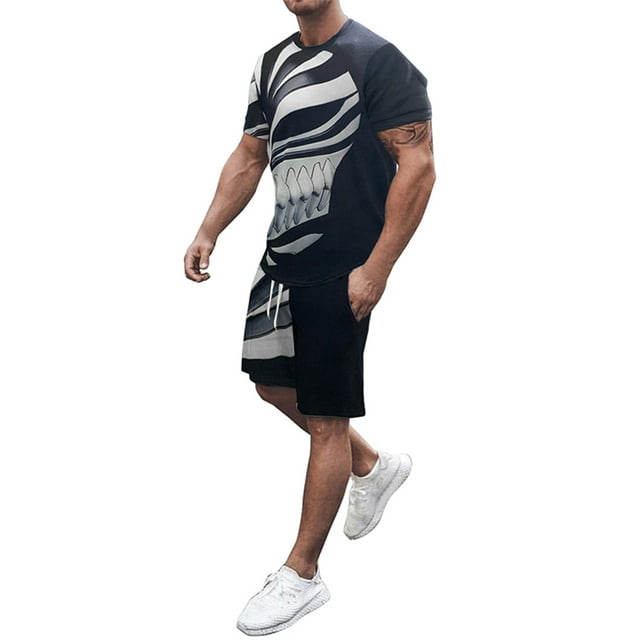 MAWCLOS Pyjama pour Homme Deux Pièces Tenue d'Intérieur Ensemble de Pyjama à Manches Courtes Taille Élastique Rue 2 Pcs Survêtement #3 2TG