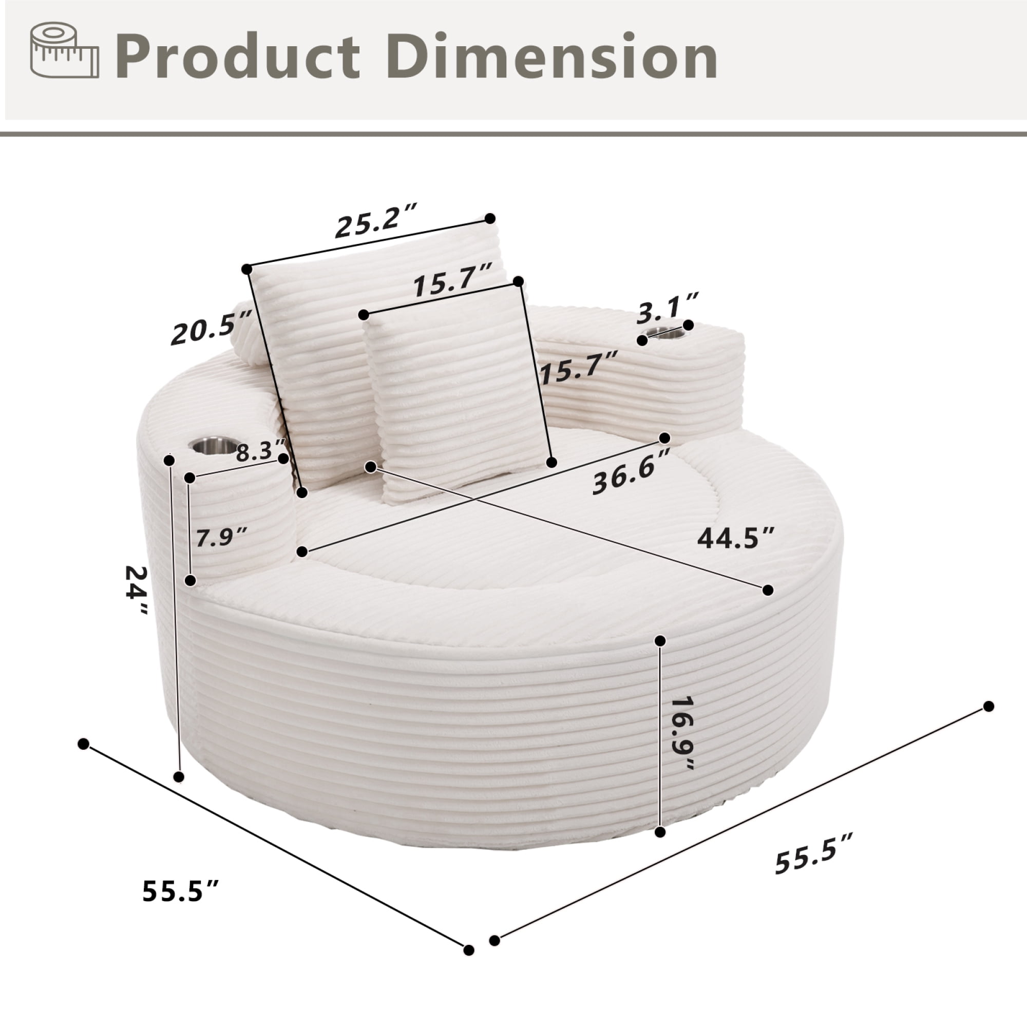 Leumius Oversized Round Chaise Lounge Sofa,Upholstered Lounge Chair with 2 Pillows and Cupholders,Boneless Sofa Couch with Memory Foam,Deep Seat Sleeper Chair for Living Room,No Assembly,White