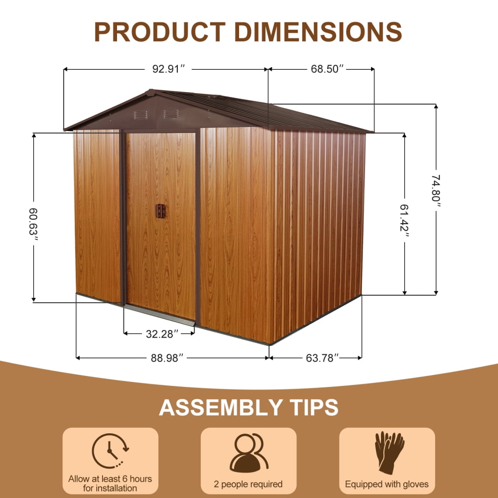 8ft x 6ft All-Steel Storage Shed - Coffee Outdoor Shed with Metal Floor - Rust-Resistant Heavy Duty Garden Tool Storage