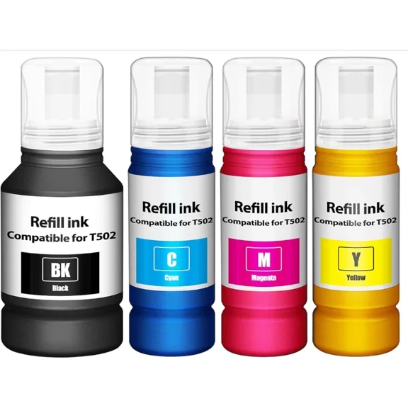 Prime Rolls 502 Compatible Ink Refill Bottles (4-Pack) — Black, Cyan, Magenta, Yellow — Replacement for Epson EcoTank ET-2850 / ET-3850 / ET-4850 / ET-15000