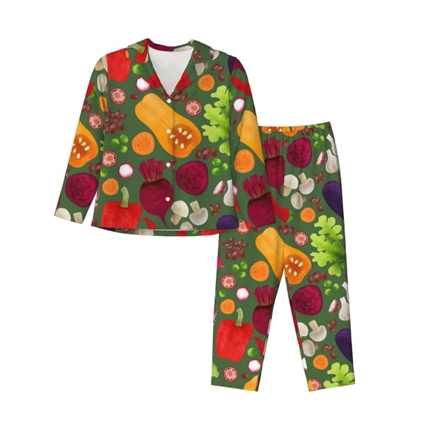 Balery Begetable Conjunto de Pijama con Estampado para Mujer, Conjunto de Dos Piezas con Manga Larga, Ropa de Dormir Suave con Bolsillos, Pijamas Cómodos-Large