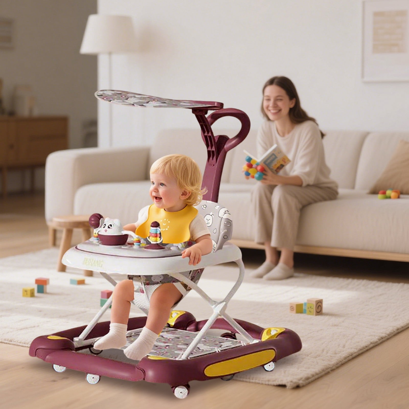 ManyFun baby Walker, 6-in-1 Multi-functional Foldable Push Walker, 6-24 Months, Red