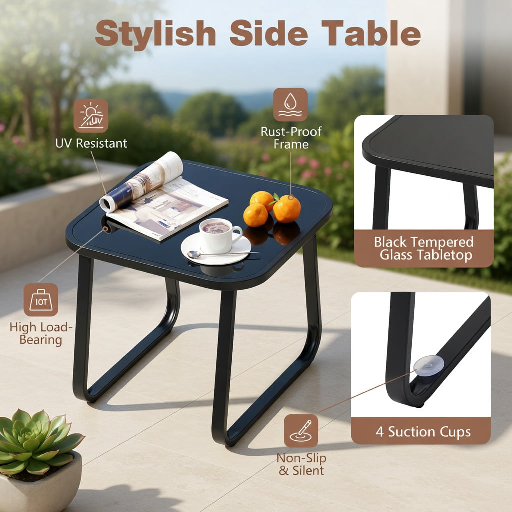 Hommoo 3-Piece Outdoor Glider Bistro Set, Metal Frame with Tempered Glass Table, Teak Wood Armrests, Breathable Fabric Seating for Patio, Porch, Balcony, Brown