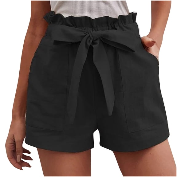 RYRJJ Womens Cotton Linen Beach Shorts Soft Elastic Waist Bowknot Tie Belted Summer Casual Short Pants with Pockets(Black,S)