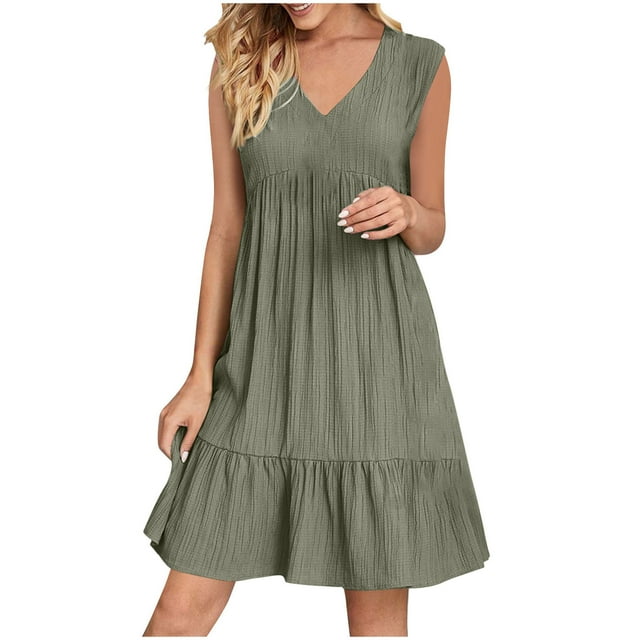 Yuyuzo Robes d'Été pour Femmes Sans Manches à Col en V Mini Robe T-Shirt Plissée à Volants Fluide Plage Vacances Robes d'Été