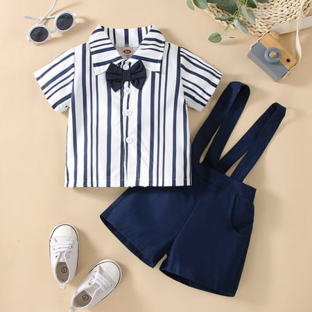 

nsendm Toddler Boys Short Sleeve Striped Prints T Shirt Tops Suspenders Shorts Kids Gentleman Outfits Kids Soccer Warm up Suit Childrenscostume Navy 9-12 Months