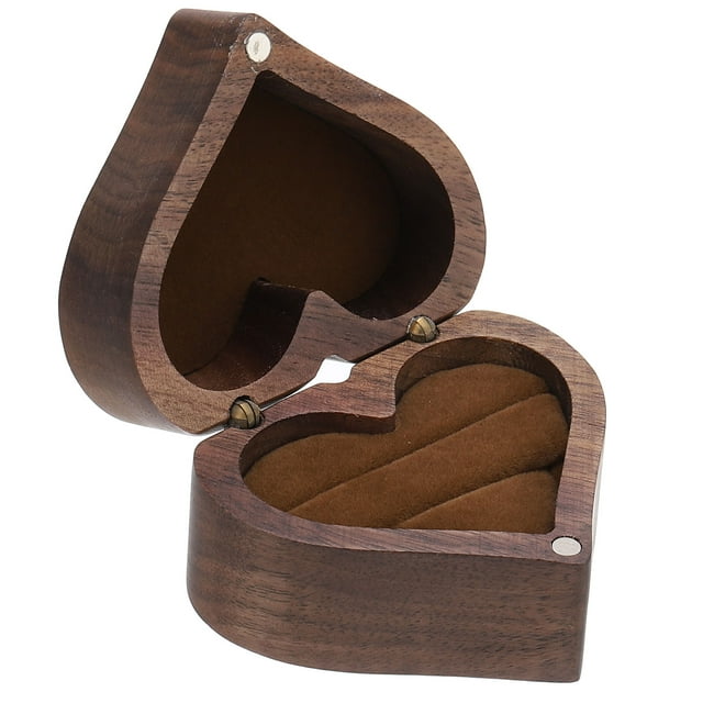 Caja de anillos de madera, caja de anillos en forma de corazón con 2 ranuras, marrón