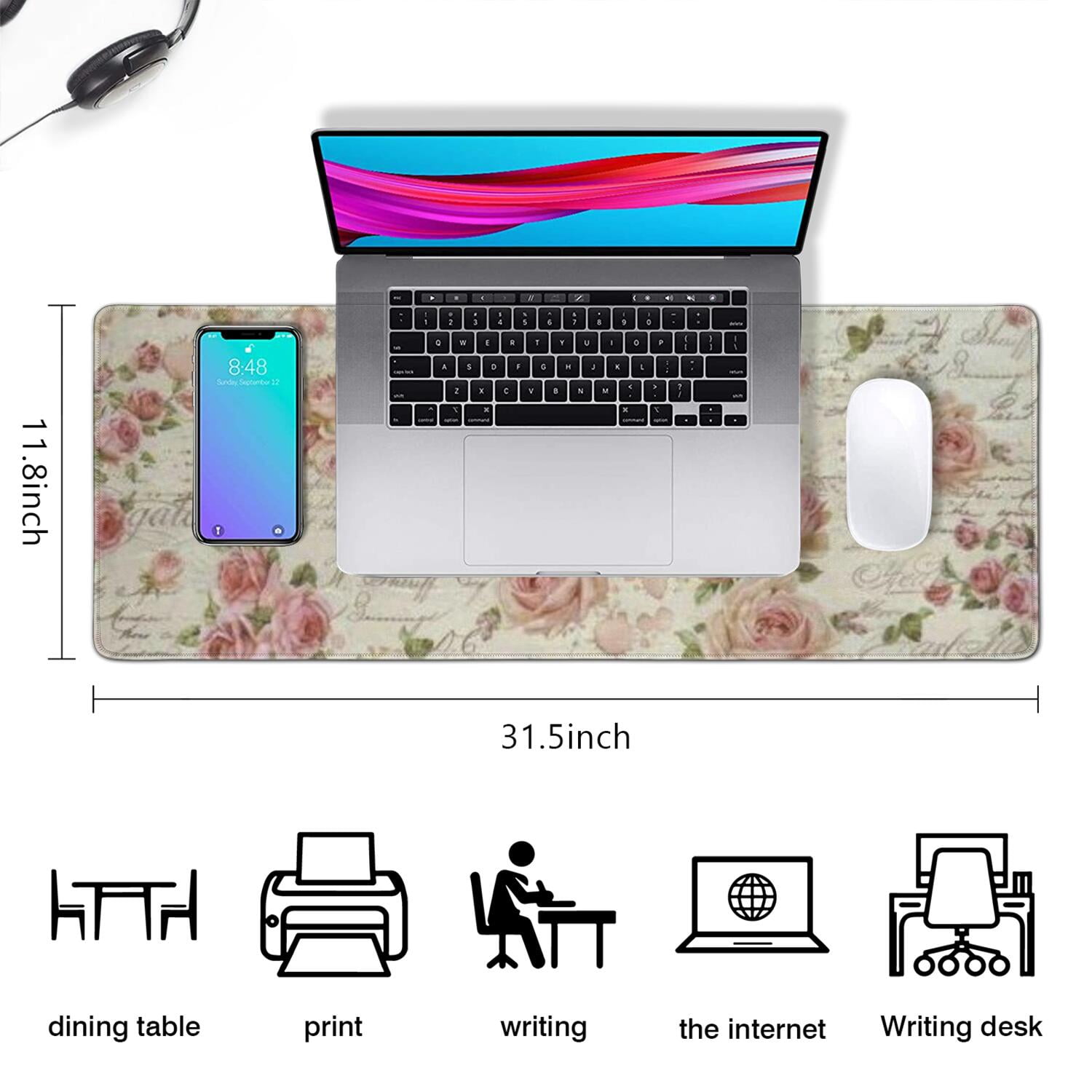 Long Mouse Pads for Desk,Pioneer Flower Floral Print Pattern Desk Mats on Top Of Desks, Desk Mouse Pad Extra Large with 3mm Non-Slip Base and Stitched Edge for Gaming,Office,Work,Home 31.5"x11.8"