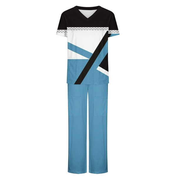 Camisetas de Manga Larga Mujeres Imprimir Manga Corta V-Cuello Superior Y Pantalones Largos Traje de Trabajo Conjunto, Nylon para Primavera Verano Casual