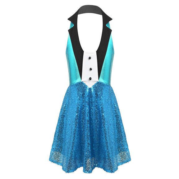 YiZYiF Kids Girls Jazz Latin Dance Dress Costume Halter Shiny Sequins Dancewear Sky Blue 10