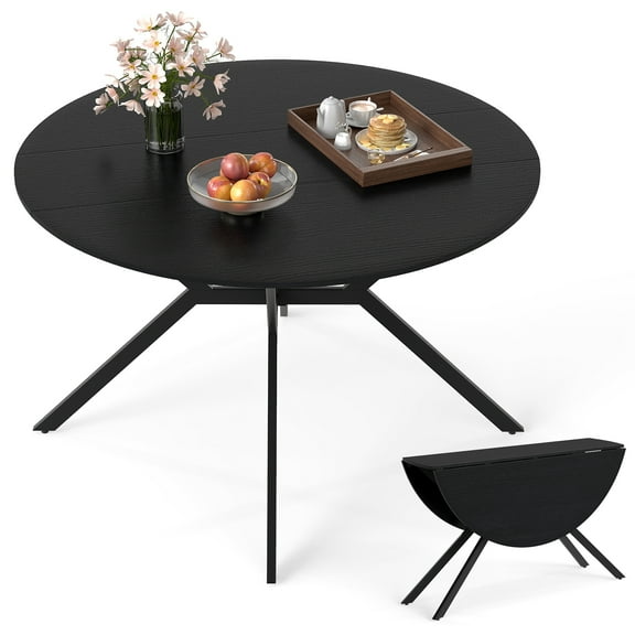 Gymax Folding Dining Table 47'' Extendable Round Kitchen Table w/Drop Leaves for Home Black