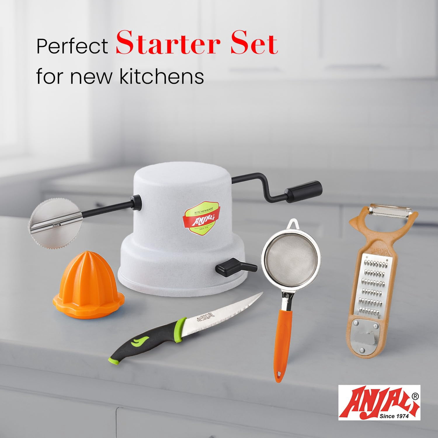 Anjali 4 Piece Kitchen Tool Set, Coconut Scraper, Peeler, 9 Inch Knife and Plastic Strainer, Food Preparation Set