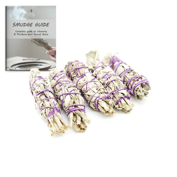 Soul Sticks 5 Pack Mini White Sage Smudge Smudging Sticks 4 Inch Long 1 Inch Thick for Home Cleansing, Meditation, & Smudging Rituals with Smudging Guide | Sustainably Sourced in California, Set of 5