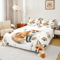 jejeloiu Cute Fox Queen Sheet Set,Wild Animal White Orange,Microfiber Decor For Kids,4-Piece