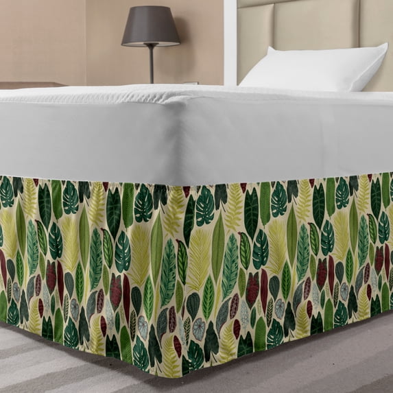 Tropical Bed Skirt, Vintage Style Detailed Nature Scenery of Leaves, Elastic Bedskirt Dust Ruffle Wrap Around for Bedding Decor, 4 Sizes, Multicolor, by Ambesonne