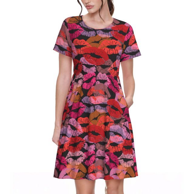 Balery Red Lips Kissing Vestidos sueltos de manga corta para mujer, vestidos de verano 2025, vestidos casuales de corte A con vuelo.