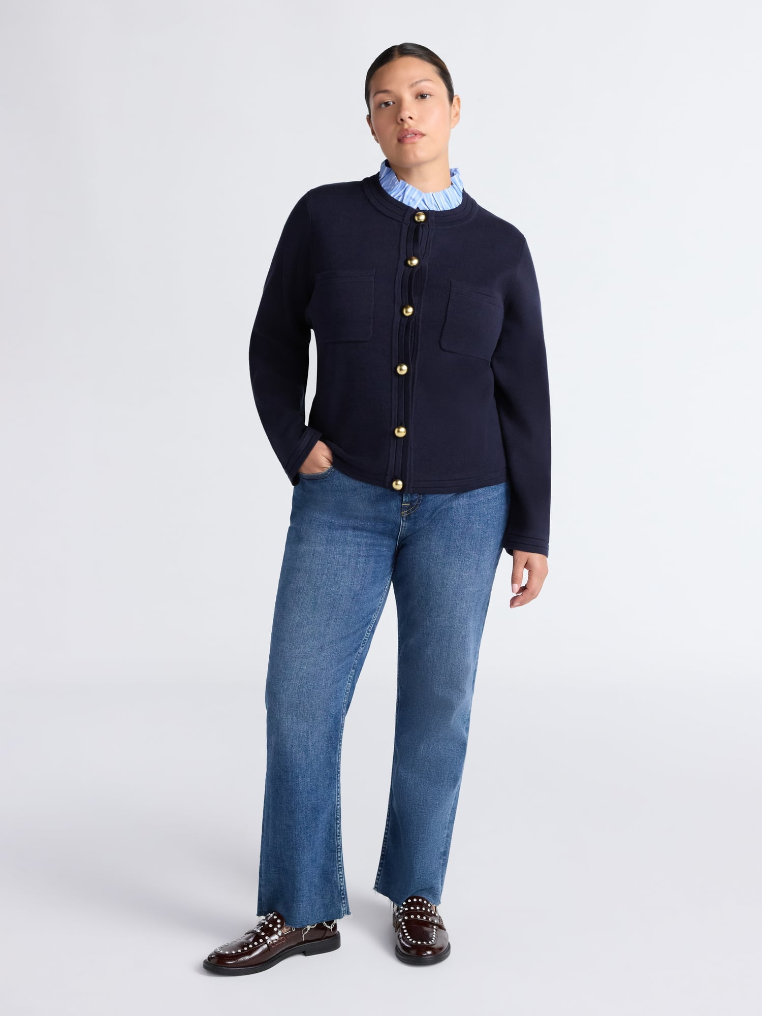 Free Assembly Women's and Women's Plus Ruffle Neck Chest Pocket Cardigan, Sizes XS-4X
