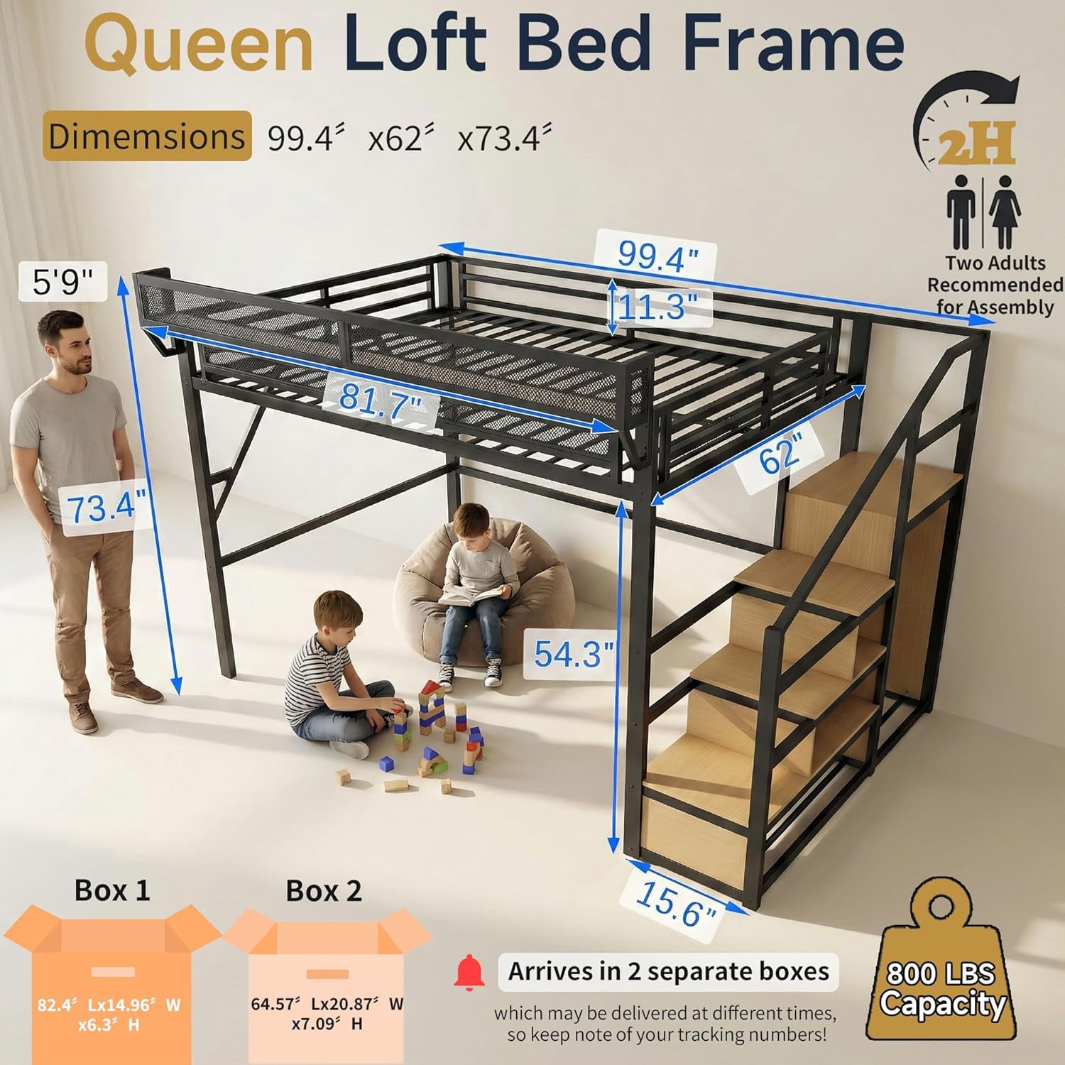 Mirightone Queen Heavy Duty Metal Loft Bed with Stairs, 800 lb Capacity, Storage Shelves and Wardrobe, Black