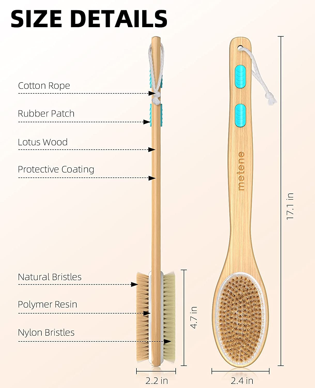 Shower Brush with Soft and Stiff Bristles, Bath Dual-Sided Long Handle，for  Wet or Dry Brushing