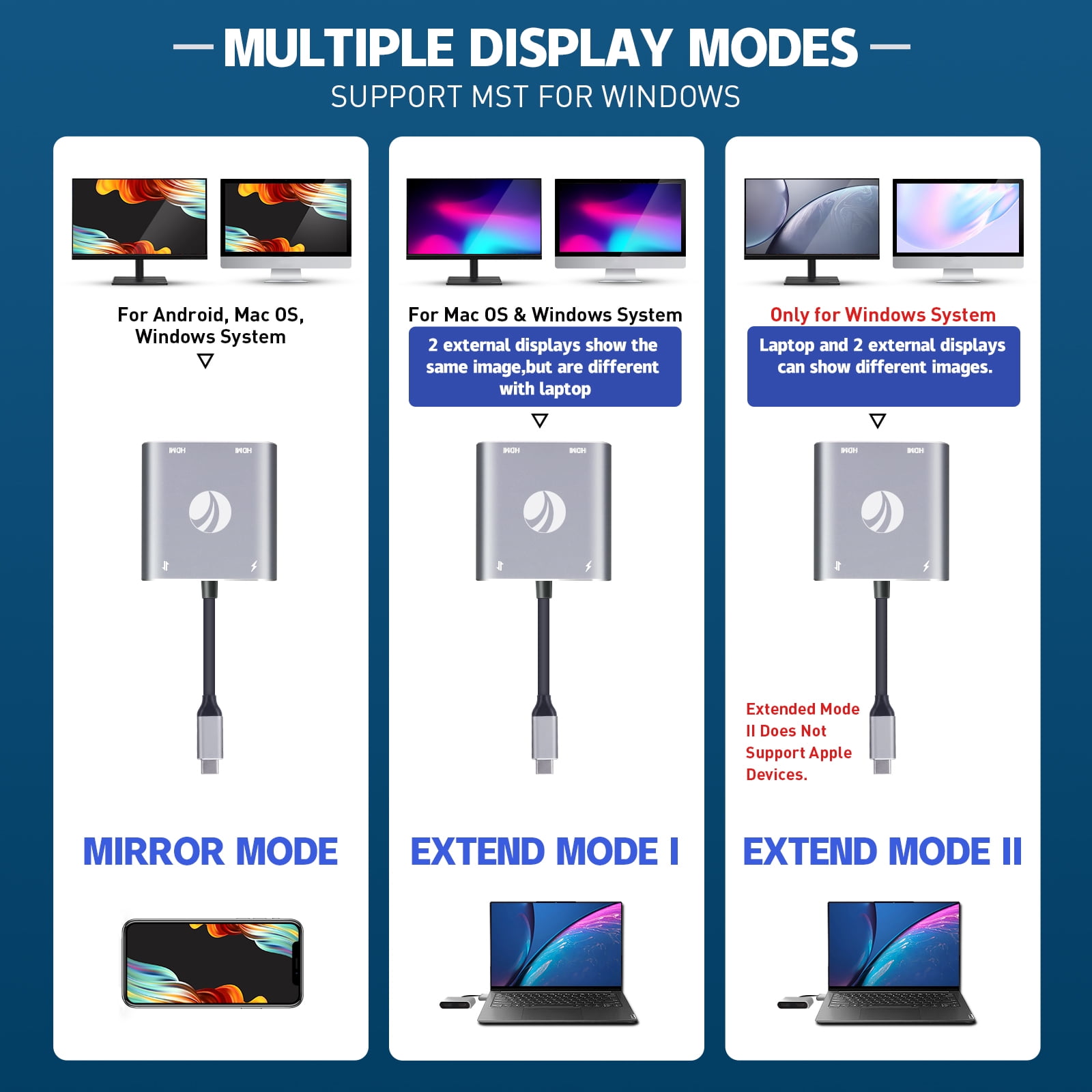 VCOM USB C to Dual HDMI Adapter Support MST, 4K@60Hz and Dual 4K@30Hz, Type C to HDMI Converter with USB 2.0, 100W PD Charging Port, Compatible with Thunderbolt 3 Port, MacBook Pro/Air, iPad Pro