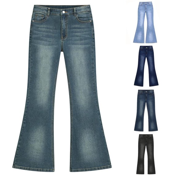 CUZIBR Girls High Waist Flared Denim Jeans Vintage Stretch Jeans Classic Pocket Button Zipper Closure Washed Casual Fashionable Trousers For Kids Streetwear,Navy,10-12 Years