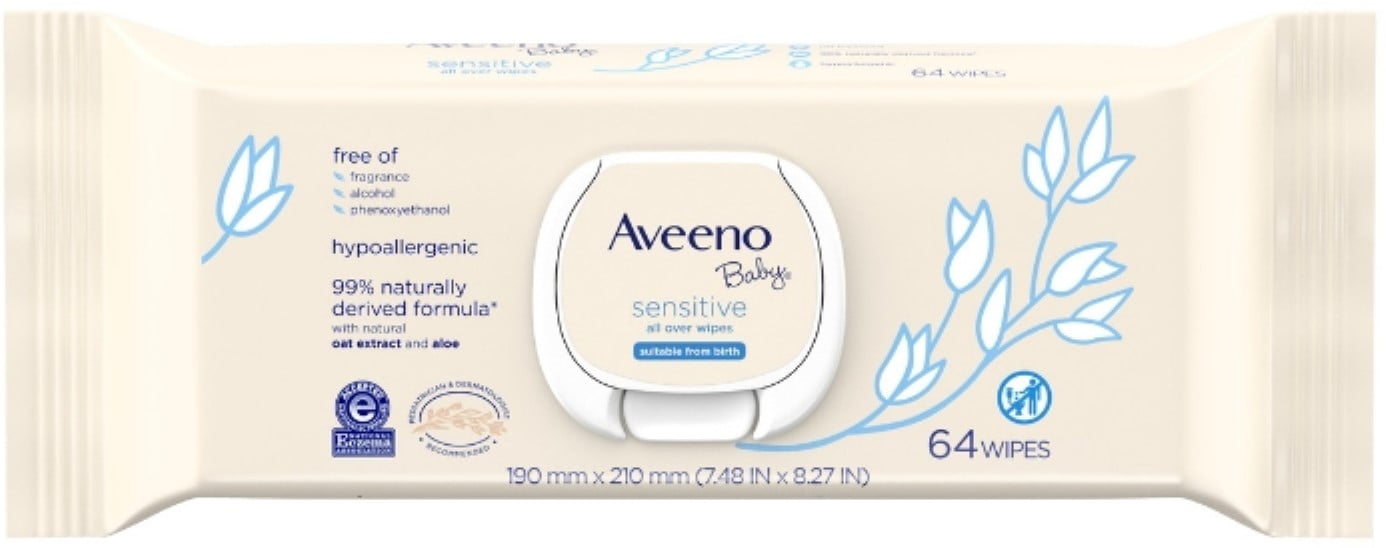 AVEENO Baby Sensitive All Over Wipes, Paraben- & Fragrance-Free, 64 ea (Pack of 4)