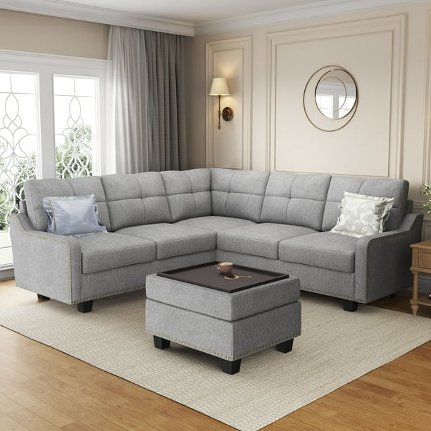 HONBAY Rivet Convertible Sectional Sofa Couch Set with Storage Ottoman