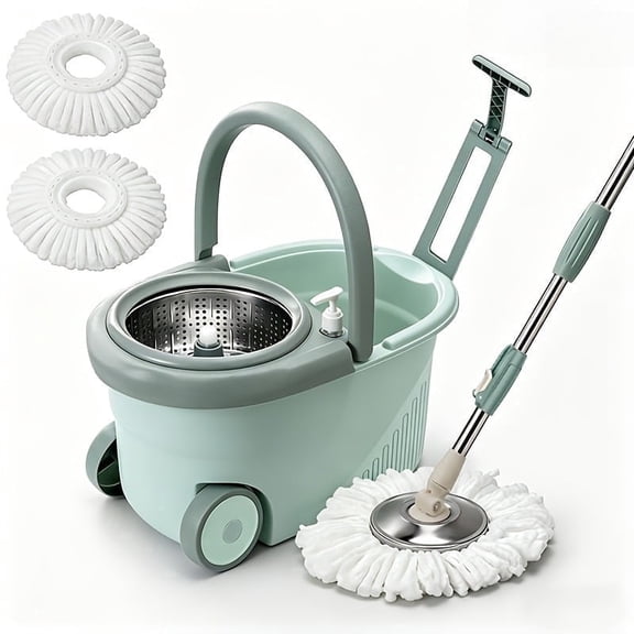 BAWOSEVEN Spin Mop and Bucket Set - 360° Swivel Head, Hands-Free Wringer, 3 Microfiber Pads for Tile Hardwood