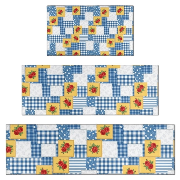 Pioneer Flower Floral Print Pattern Kitchen Rugs Sets Of 3,Kitchen Runner Rugs Non Skid Washable,Decorative Kitchen Floor Mats for Kitchen,Sink,Laundry,17X30 Inch 17X47 Inch 17X59 Inch