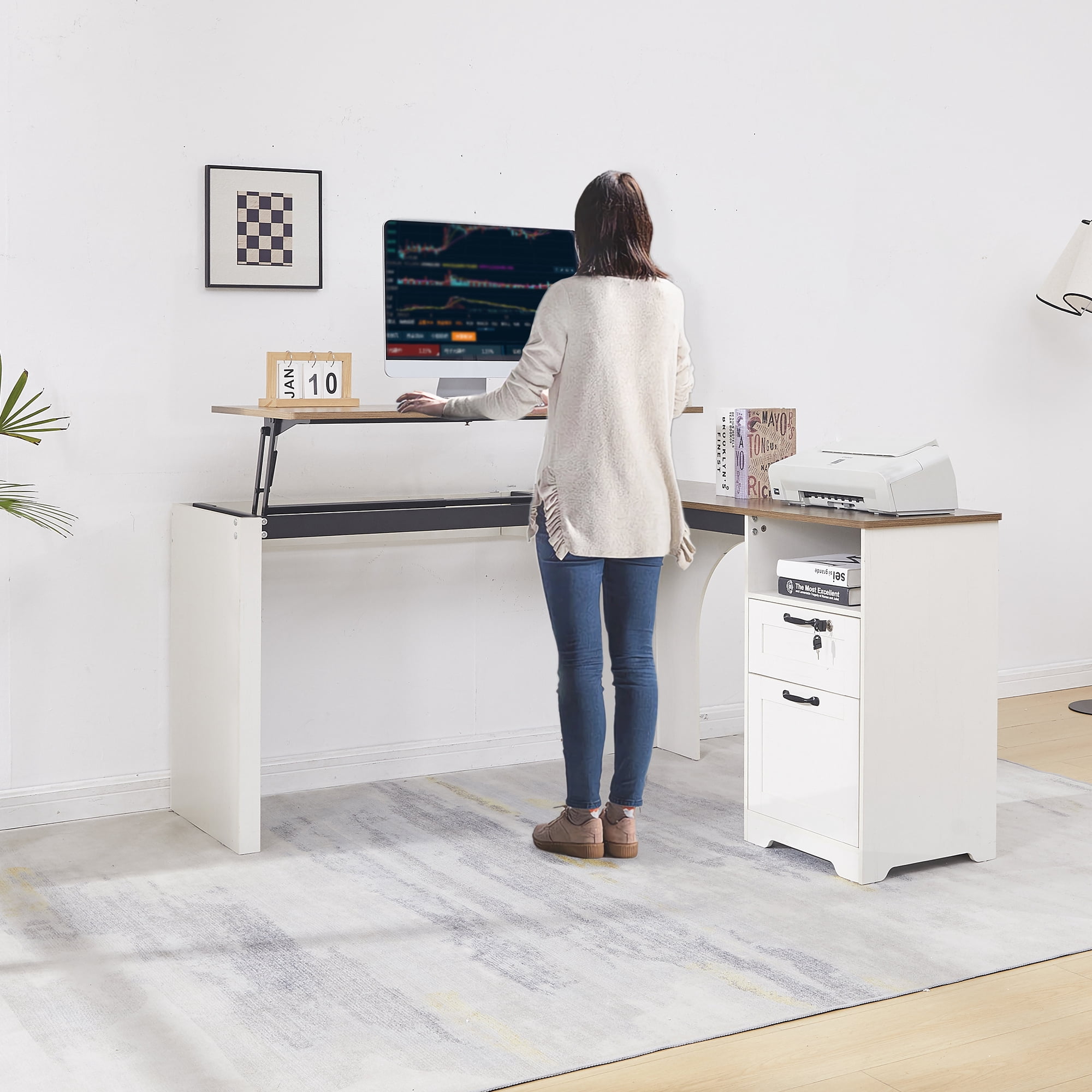 Haooyeah Lift Top L-Shaped Standing Desk with Power Outlet, Sit-Stand Corner Computer Desk with Drawers, Lockable File Cabinet & Monitor Stand, White