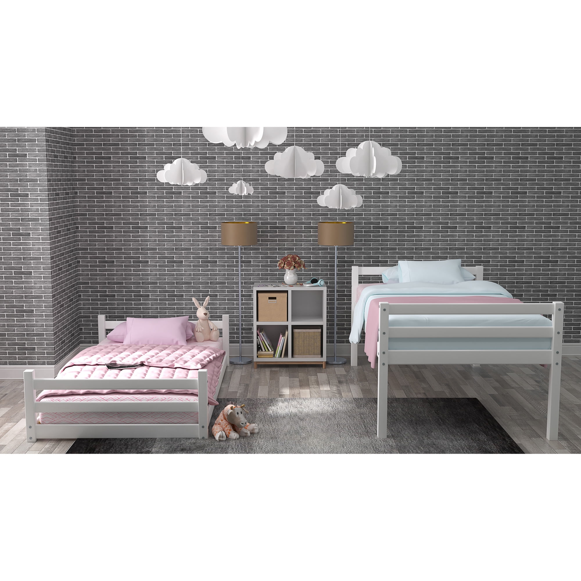 HH2 Home Essentials Campbell Wood Twin Over Twin Floor Bunk Bed, White