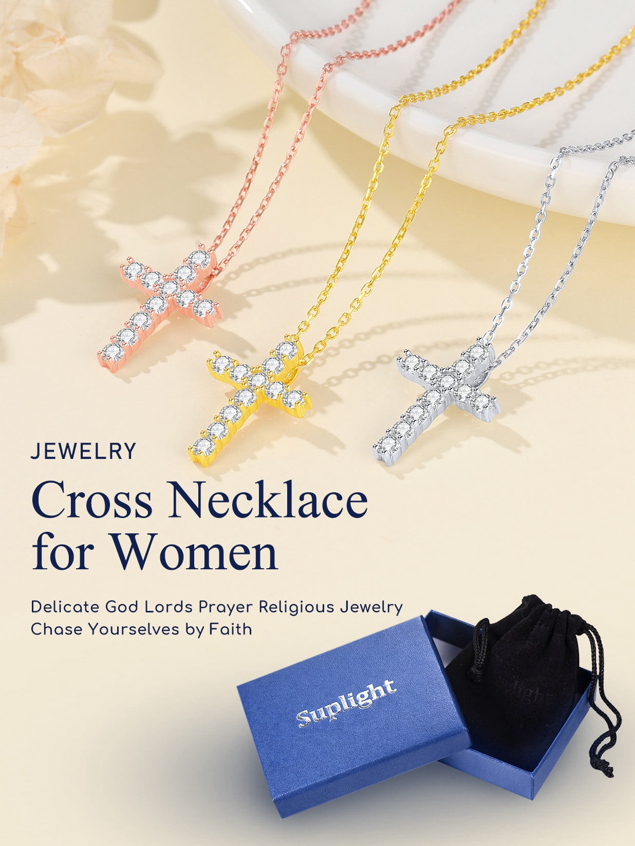 Suplight Cross Necklaces for Women, 925 Sterling Silver Faith Pendant with Cubic Zirconia, Jewelry Gift for Women