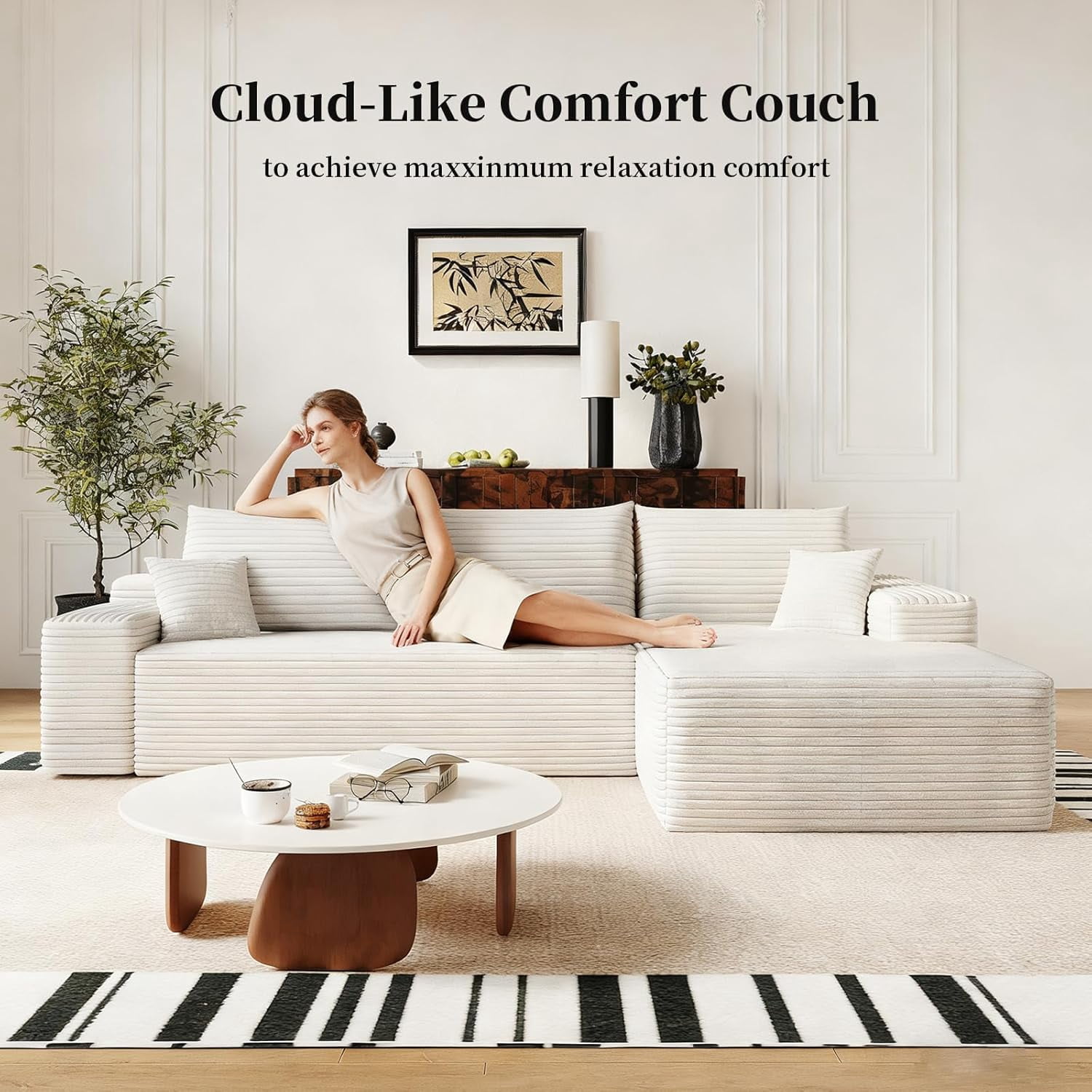 Sailvan 107" Cloud Sectional Couch, Cloudy Sofa with L-Shape Chaise, Upholstered Couches for Living Room & Bedroom, No Assembly Required, Plush Corduroy Fabric, Beige
