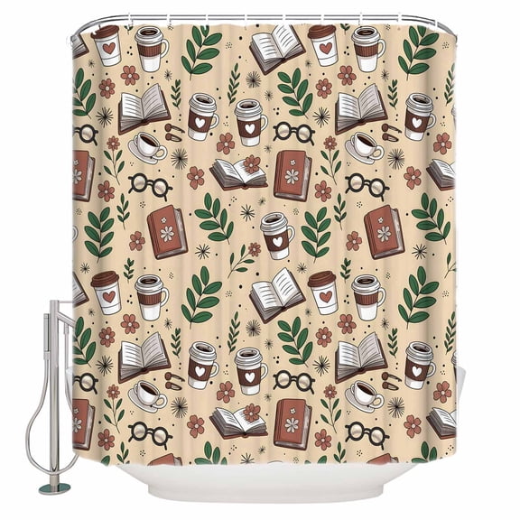 Tan Coffee Bathroom Shower Curtains with 12 Hooks Waterproof Shower Curtain for Stalls and Bathtubs Vintage Latte Cafe Books Leaves Flowers Theme Decorative Bathroom Privacy Curtain 36x72 Inches