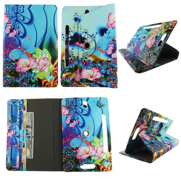 Pink Flower Butterfly Blue Wallet style for Toshiba Encore Mini tablet case 7 inch for android tablet cases 7 inch Slim fit standing protective rotating universal PU leather cash Pocket cover